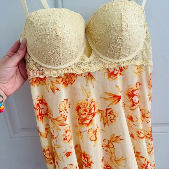 sexy yellow and orange floral print lingerie mini dress with lace - Picture 2 of 6